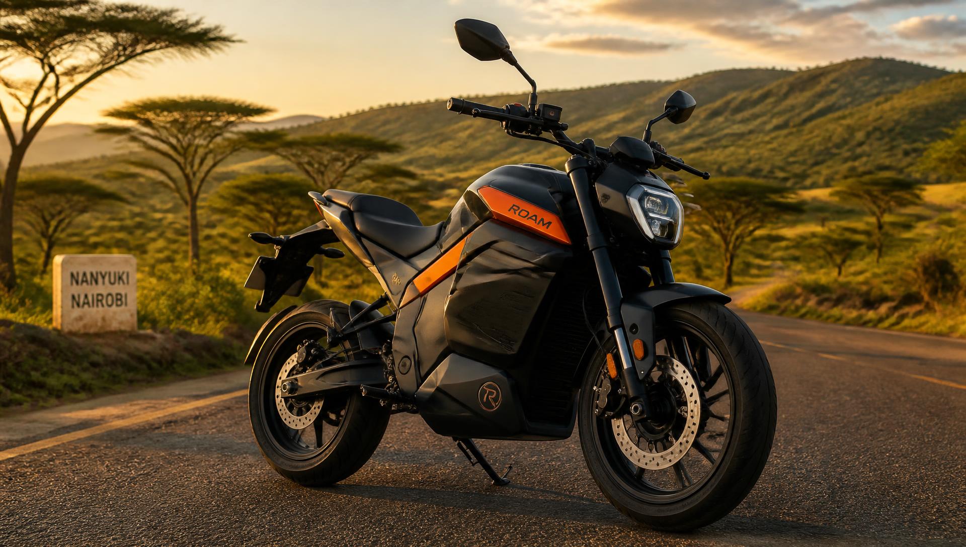 Electric motorcycle on a Kenyan road at sunset